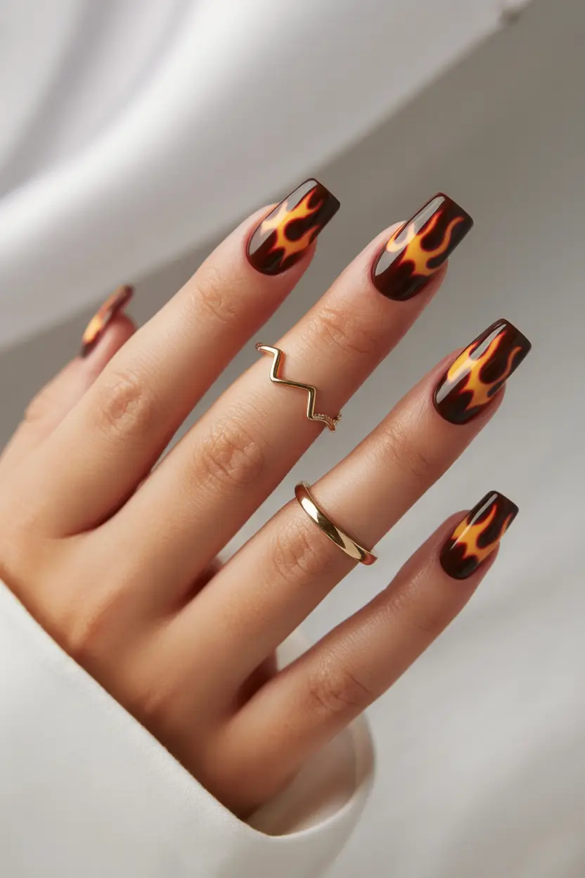 Stylish Brown Fall Nails 2025 Fiery Flame Accents