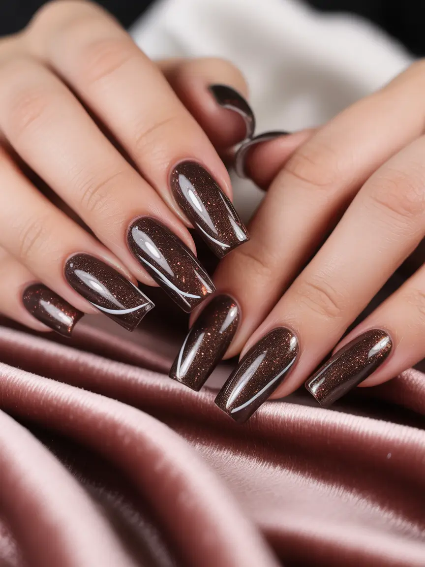 Stylish Brown Fall Nails 2025 Glossy Cocoa Sparkle