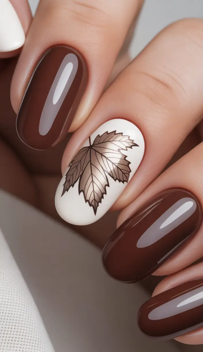 Stylish Brown Fall Nails 2025 Maple Leaf Accent