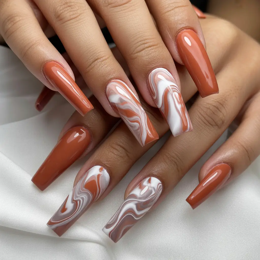 Stylish Brown Fall Nails 2025 Terracotta Marble Waves