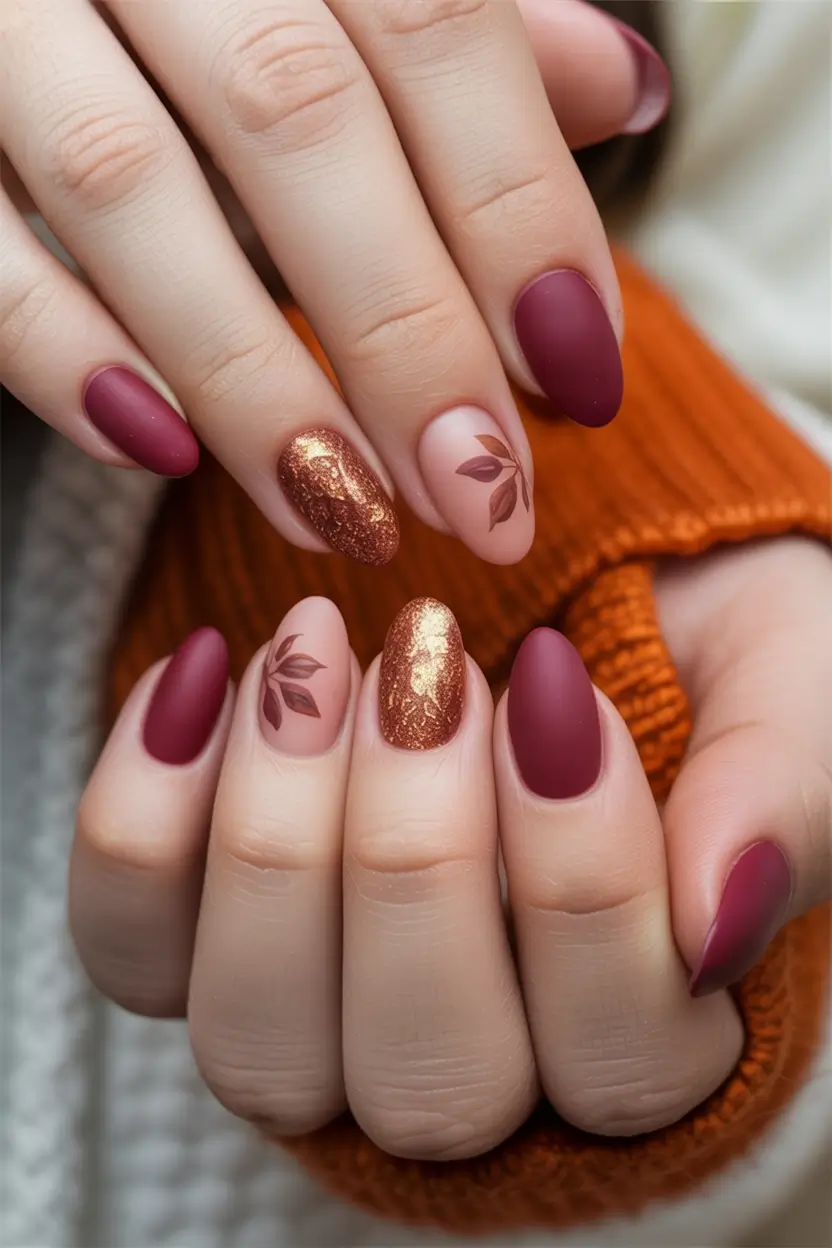 Stylish Fall Oval Shape Nail Designs 2025 Velvety Burgundy with Autumn Leaf Accents