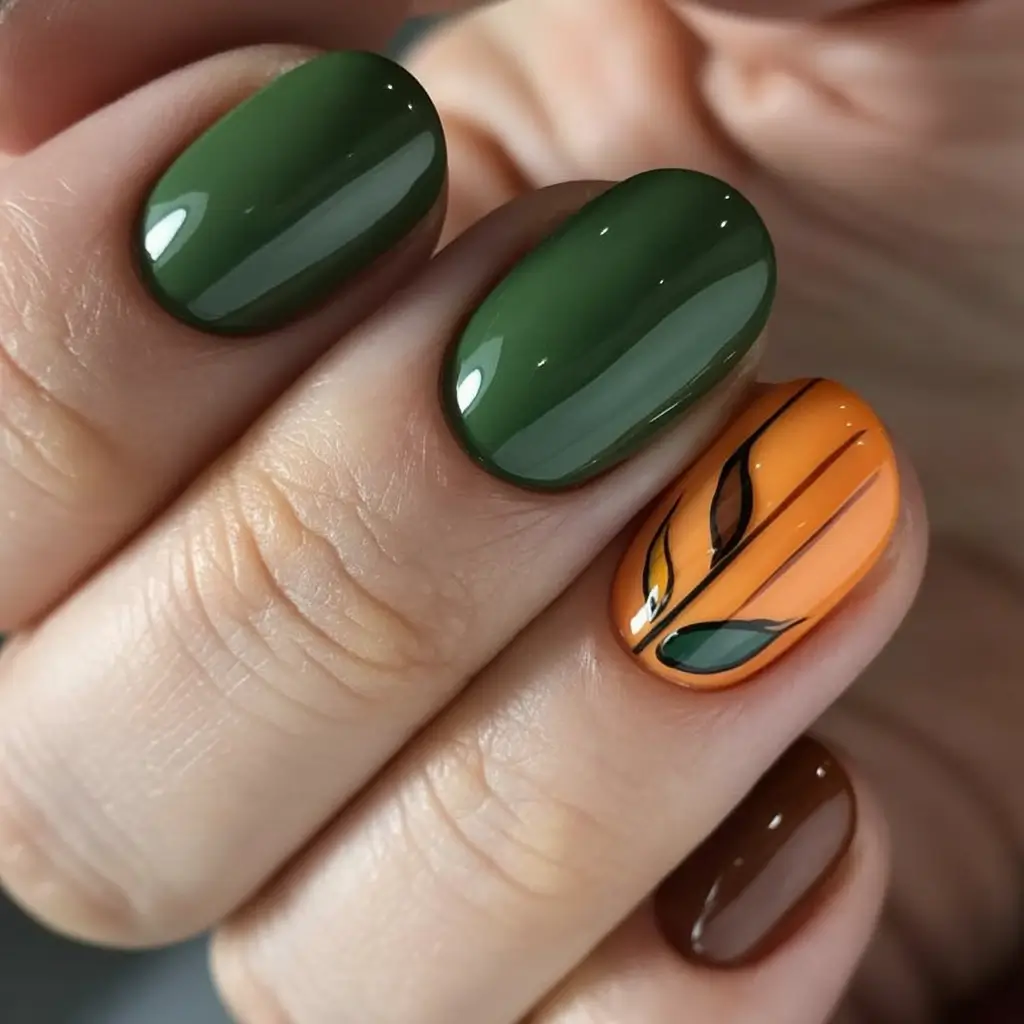 Stylish Fall Oval Shape Nail Designs 2025 Green and Amber with Nature-Inspired Accent