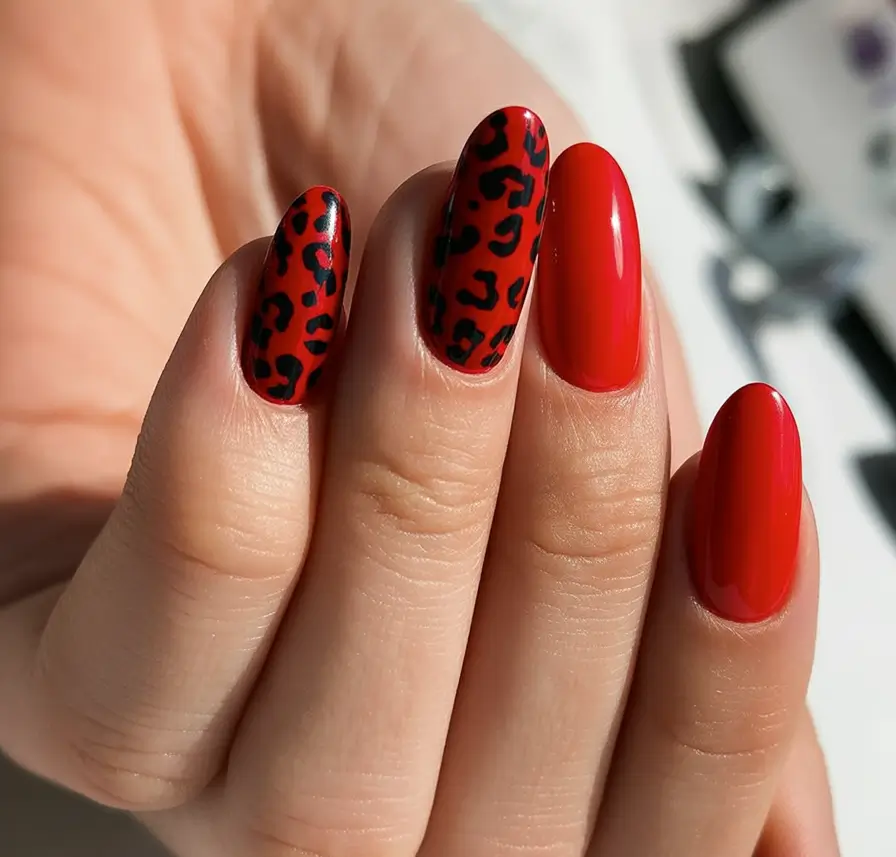 Stylish Fall Oval Shape Nail Designs 2025 Vivid Red with Leopard Print Accent
