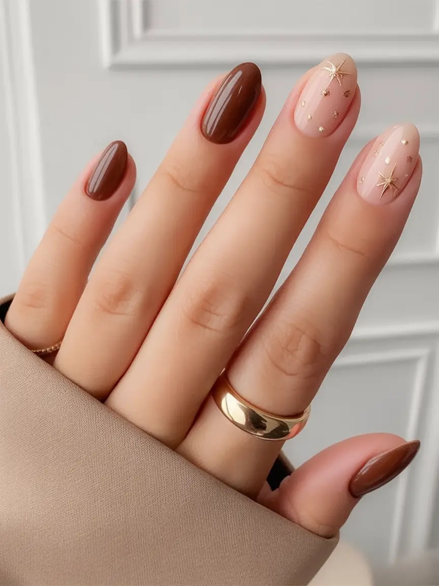 Stylish Fall Oval Shape Nail Designs 2025 Chocolate Brown with Golden Star Accents