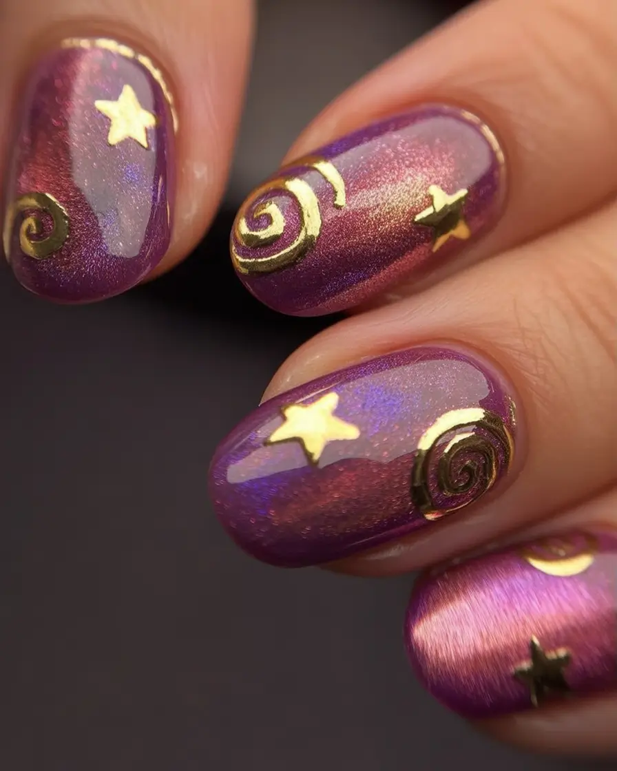 Stylish Fall Oval Shape Nail Designs 2025 Galaxy-Inspired Purple with Gold Details
