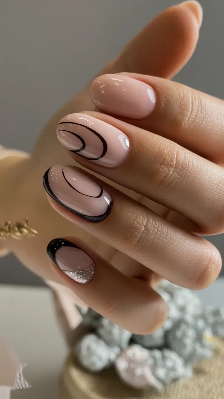 Stylish Fall Oval Shape Nail Designs 2025 Glossy Nude with Black Abstract Accents