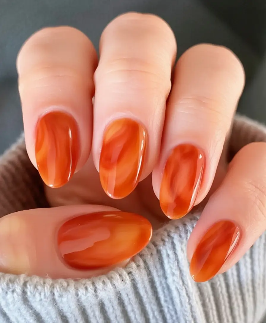 Stylish Fall Oval Shape Nail Designs 2025 Short Neutral with Delicate White Leaf Art