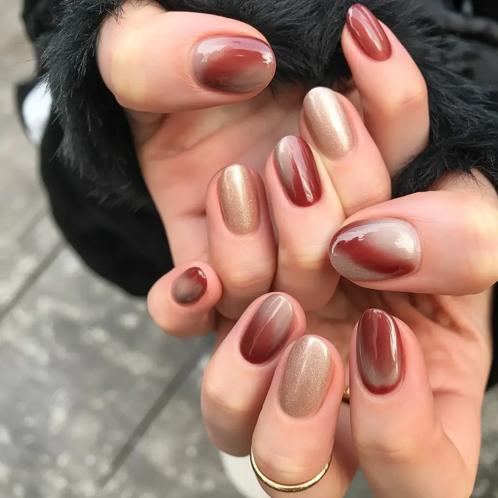 Stylish Fall Oval Shape Nail Designs 2025 Golden Beige and Wine Gradient