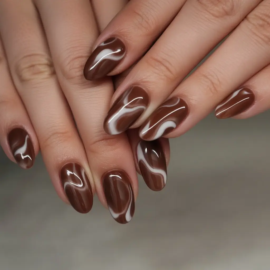 Stylish Fall Oval Shape Nail Designs 2025 Chocolate Brown with Soft White Swirls