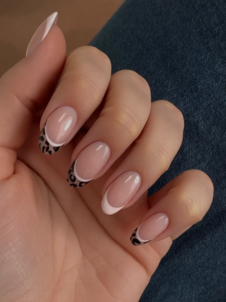 Stylish Fall Oval Shape Nail Designs 2025 French Tip with Leopard Print Detail