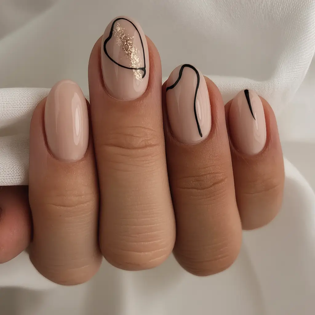 Stylish Fall Oval Shape Nail Designs 2025 Minimal Nude with Black Outlines and Gold Accent