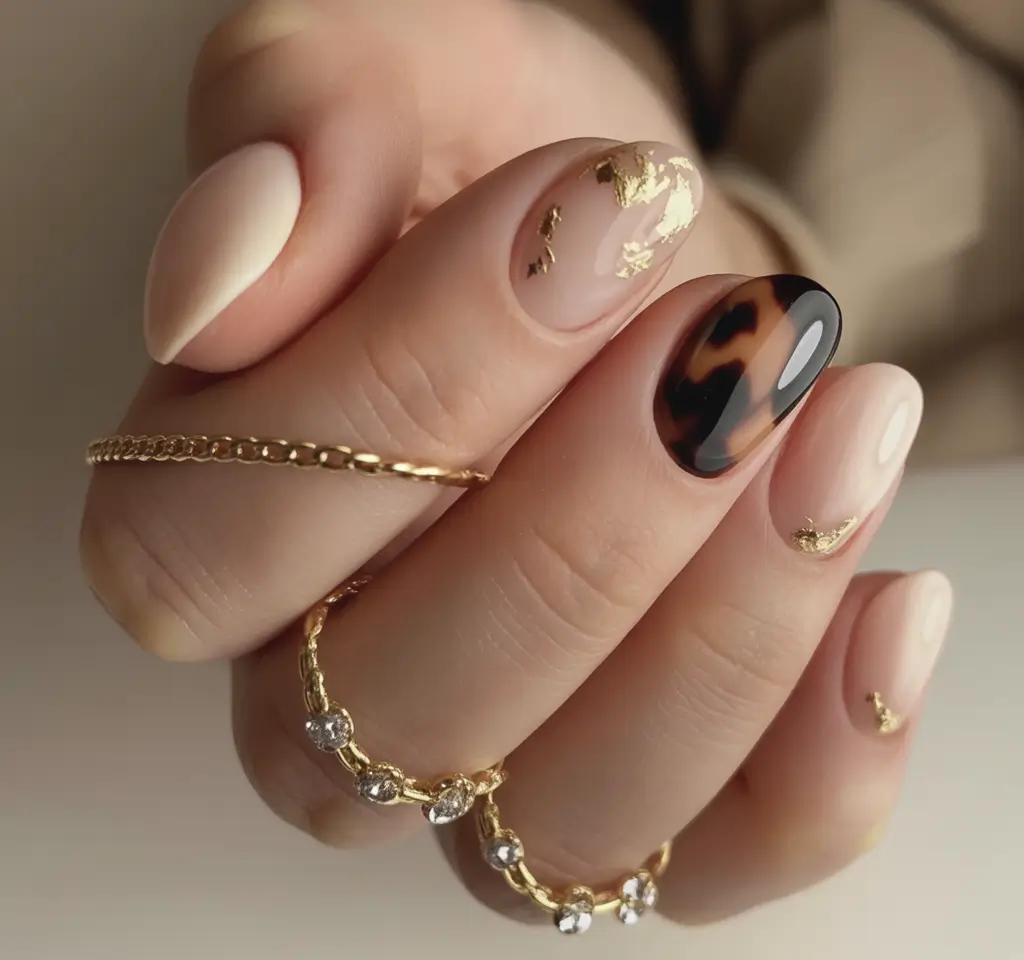 Stylish Fall Oval Shape Nail Designs 2025 Soft Beige with Gold Foil and Tortoiseshell Accent