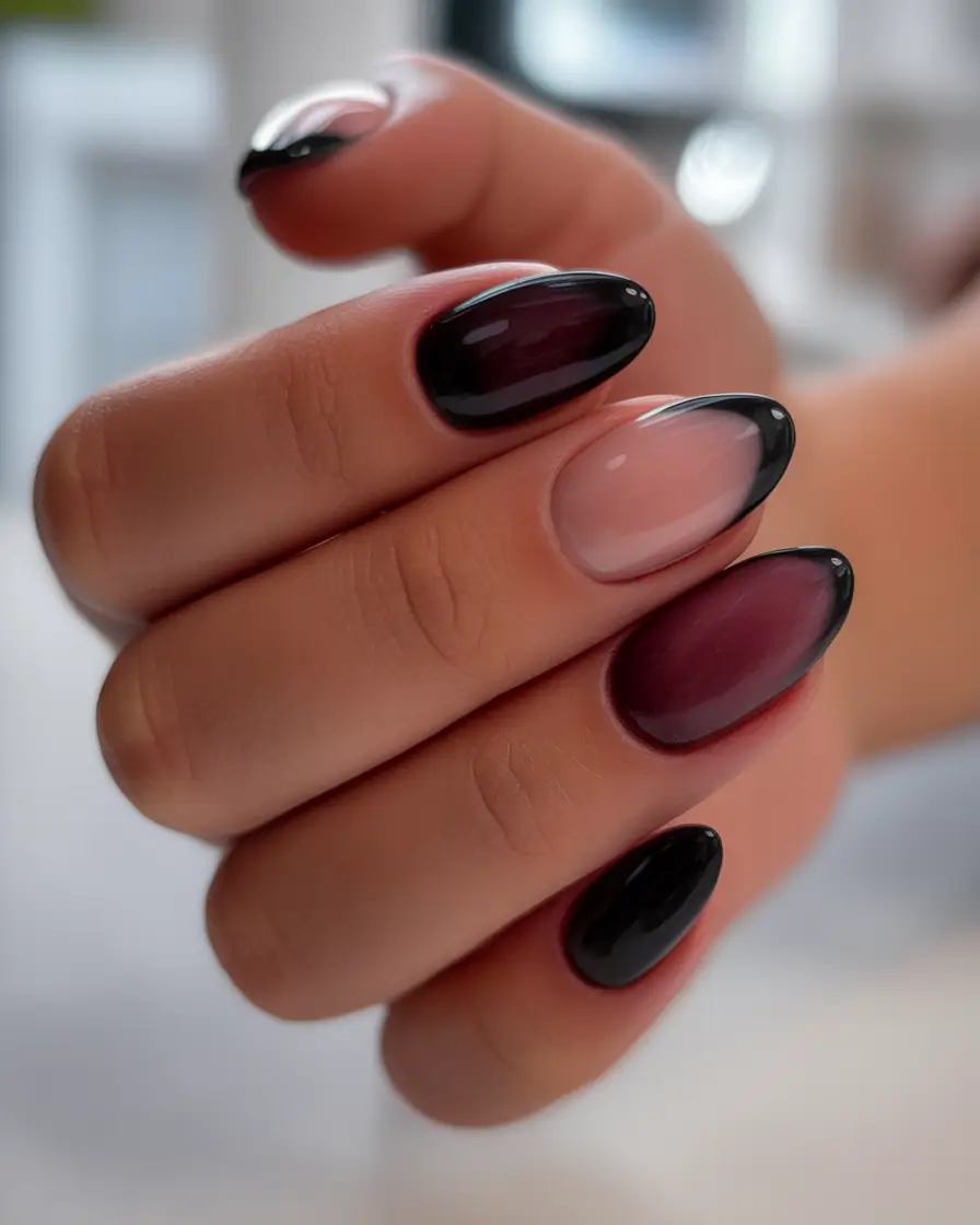 Stylish Fall Oval Shape Nail Designs 2025 Ombre Burgundy to Black French Tip