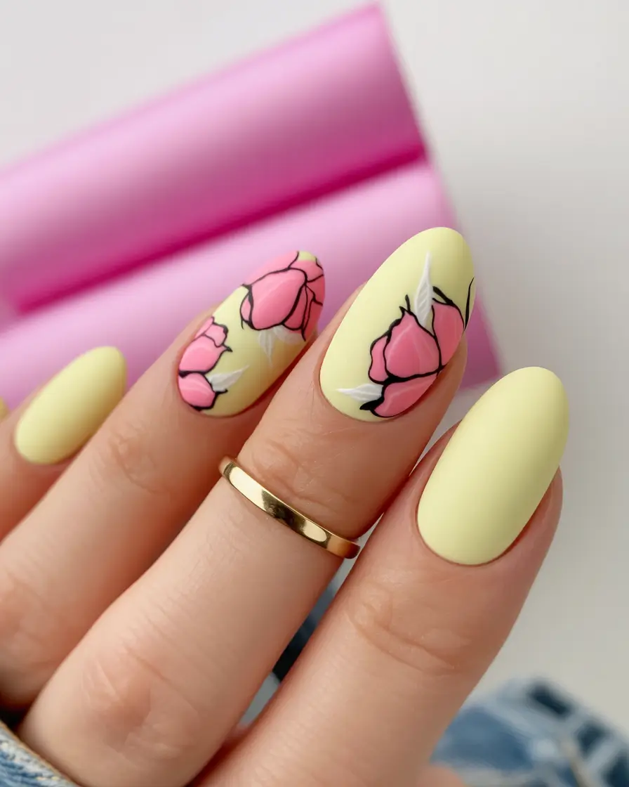 Stylish Fall Oval Shape Nail Designs 2025 Pastel Yellow with Hand-Painted Pink Flowers