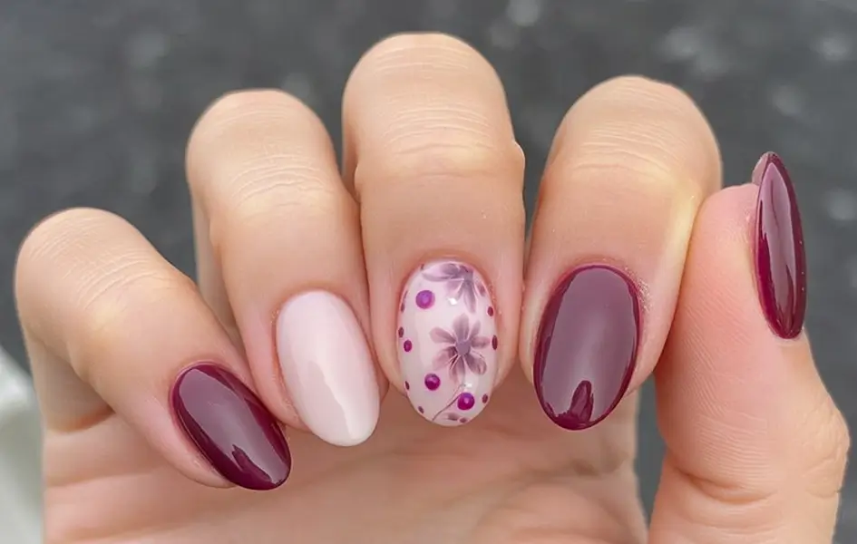 Stylish Fall Oval Shape Nail Designs 2025 Plum and Pink with Floral Accent