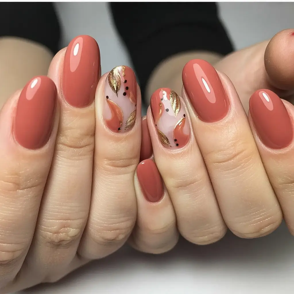 Stylish Fall Oval Shape Nail Designs 2025 Terracotta with Golden Leaf Accents