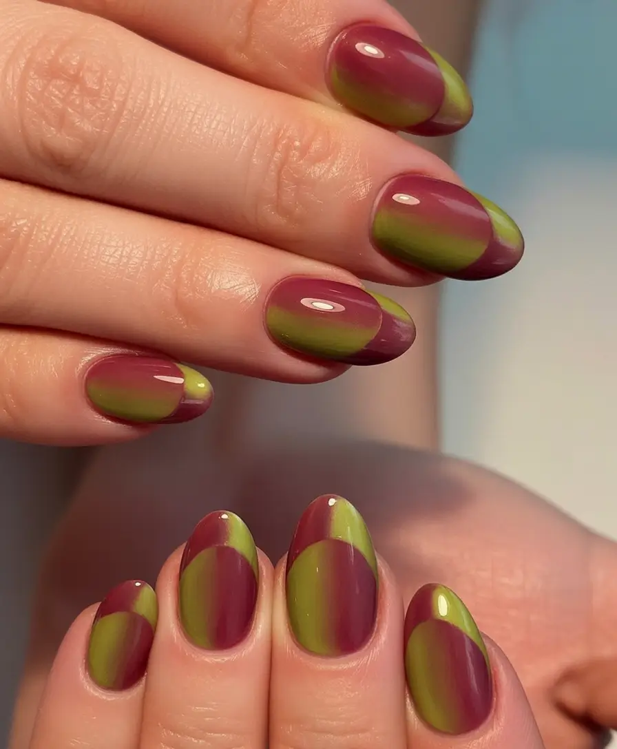 Stylish Fall Oval Shape Nail Designs 2025 Berry and Olive Half-Moon Design