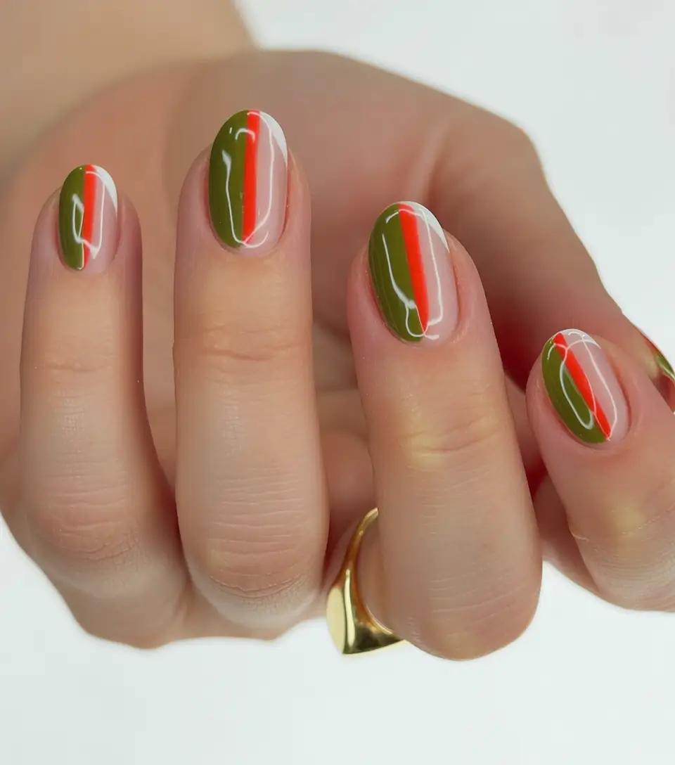 Stylish Fall Oval Shape Nail Designs 2025 Olive and Tangerine Minimalist Stripes