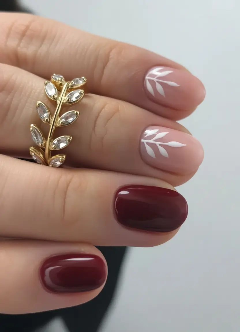 Stylish Fall Oval Shape Nail Designs 2025 Burgundy and Nude with White Leaf Motif