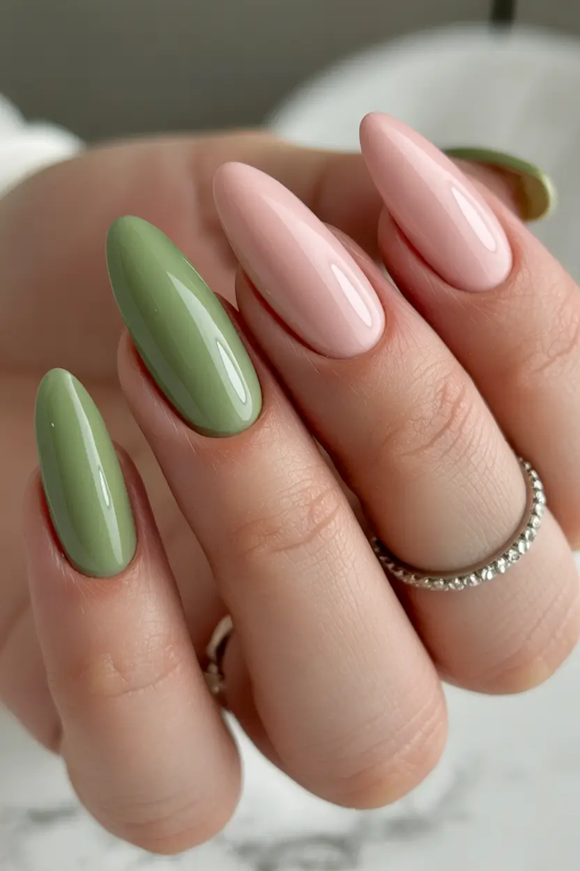 Stylish Pink Fall Nails 2025 Green and Blush Duo