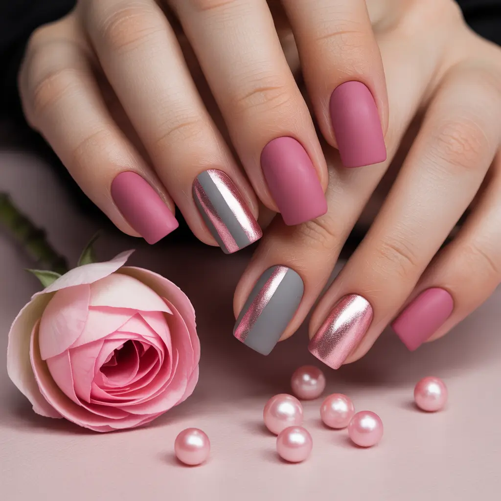 Stylish Pink Fall Nails 2025 Matte Pink with Metallic Edge