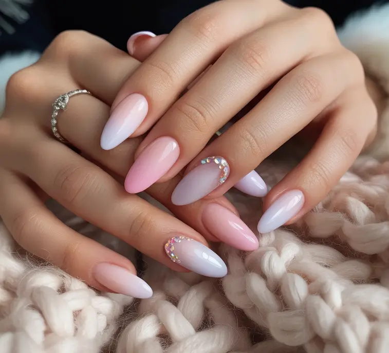 Stylish Pink Fall Nails 2025 Romantic Almond Pink With Crystals