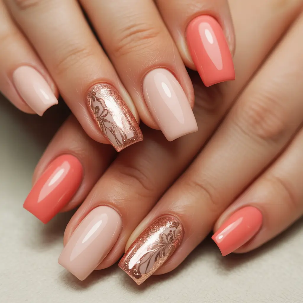 Stylish Pink Fall Nails 2025 Coral and Metallic Accent