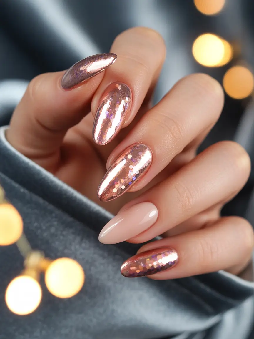 Stylish Pink Fall Nails 2025 Rose Gold Chrome Shine