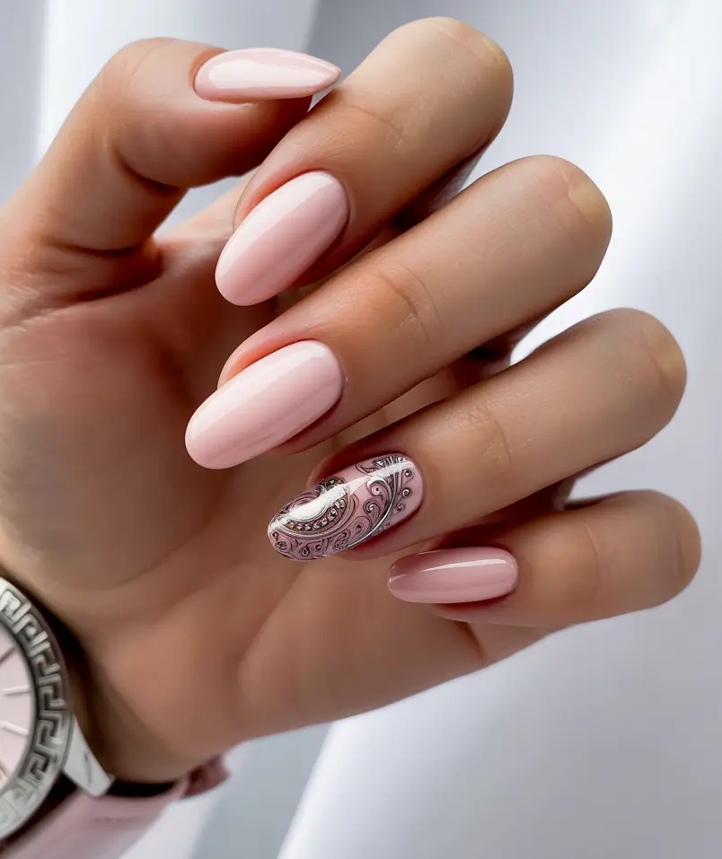 Stylish Pink Fall Nails 2025 Soft Blush with Paisley Accent