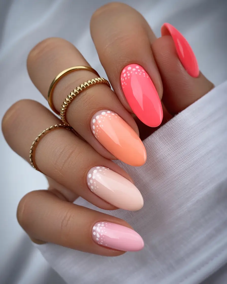 Stylish Pink Fall Nails 2025 Gradient Coral with Dotted Accents