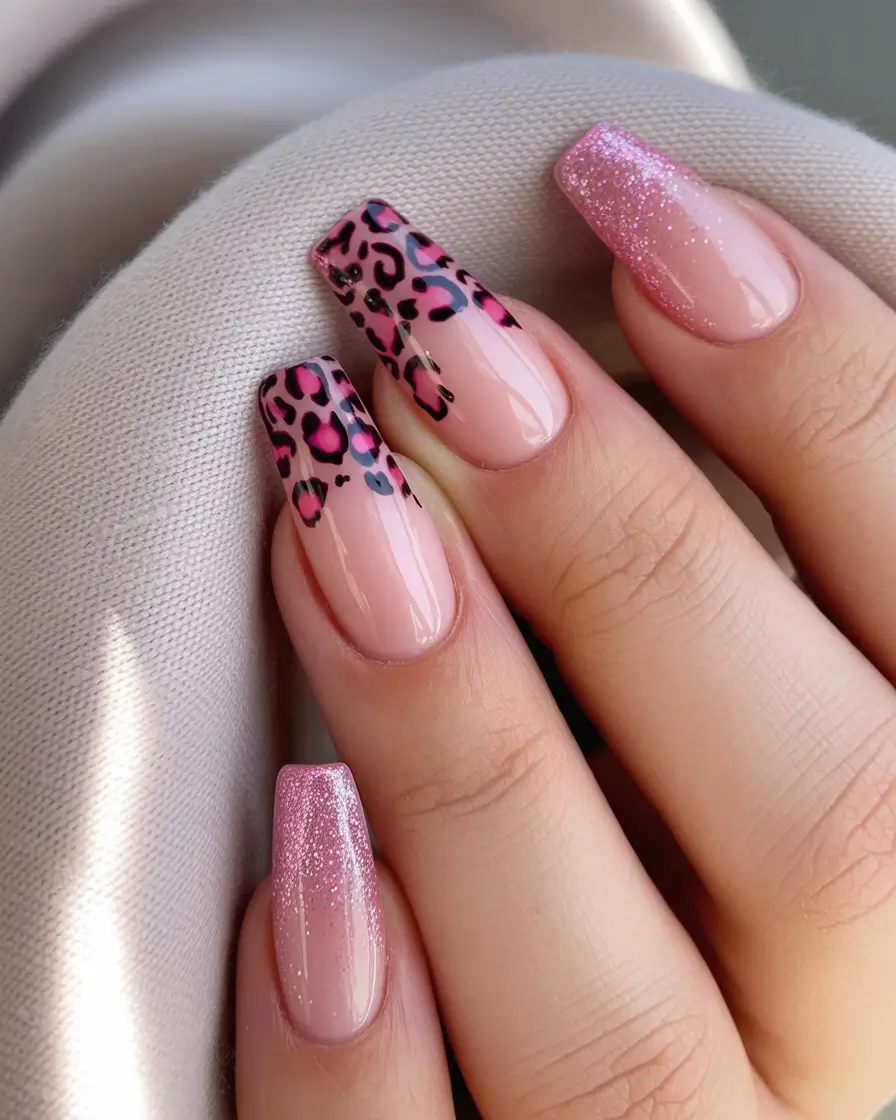Stylish Pink Fall Nails 2025 Pink Leopard Tips with Glitter