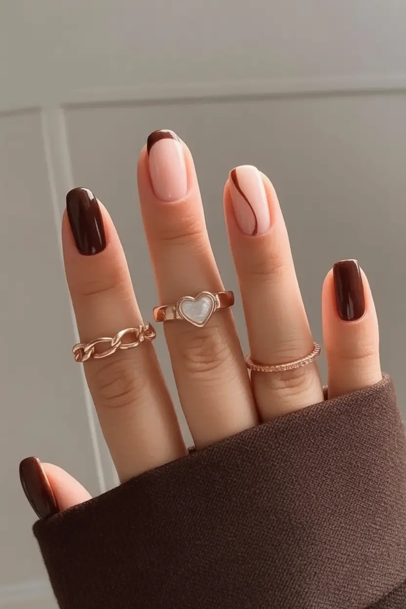 Subtle and Chic Fall Nails 2025 Chocolate Swirl Accents