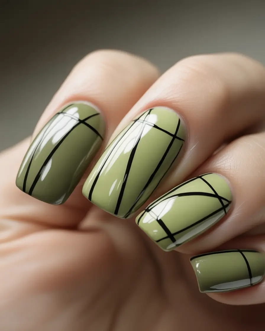 Subtle and Chic Fall Nails 2025 Olive Plaid Lines