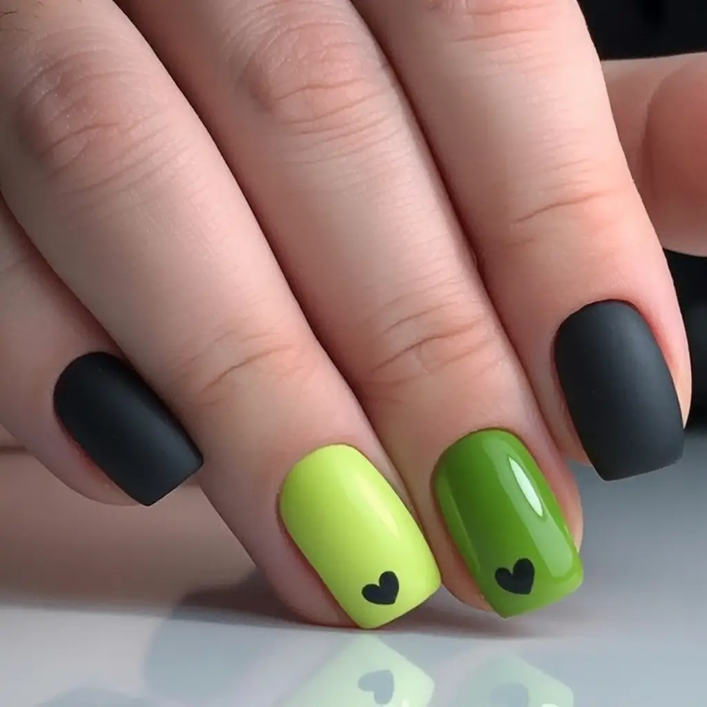 Subtle and Chic Fall Nails 2025 Matte Black and Green with Tiny Heart Accents