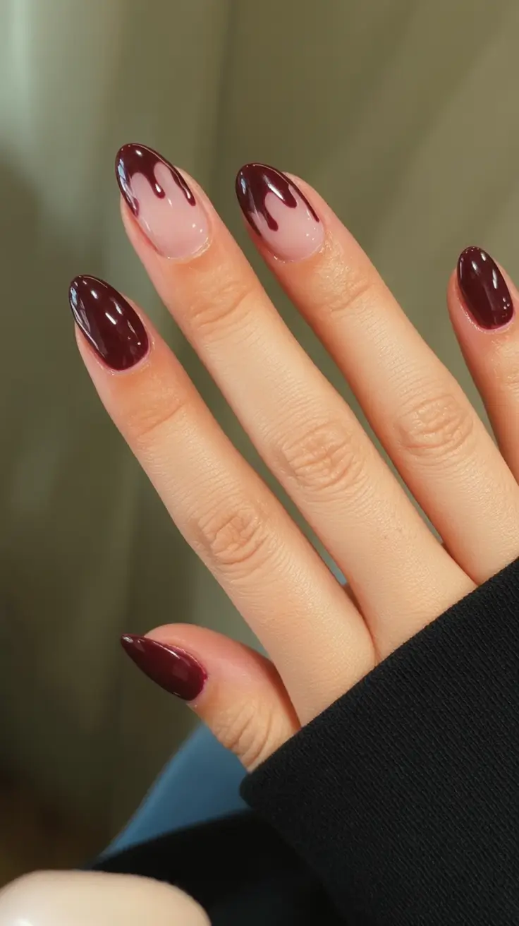Subtle and Chic Fall Nails 2025 Deep Burgundy Drip Effect
