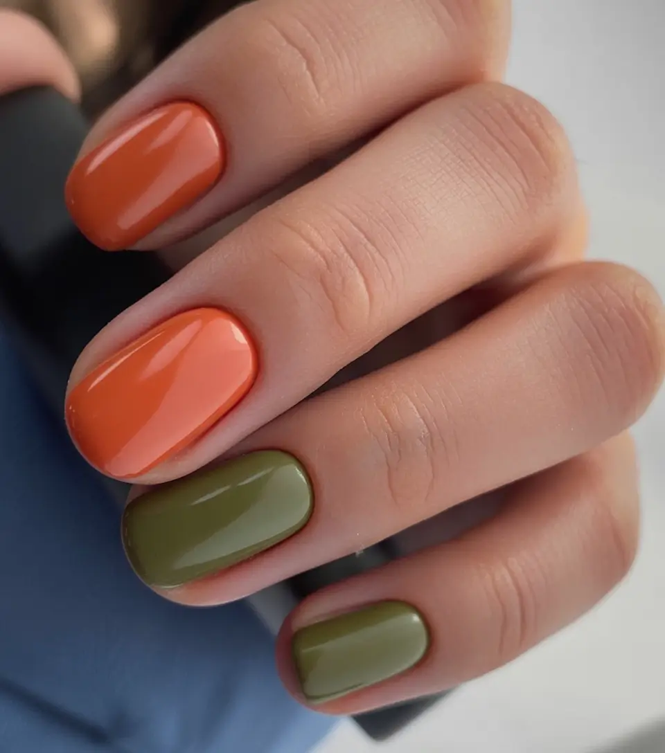 Subtle and Chic Fall Nails 2025 Glossy Pumpkin and Olive Duo