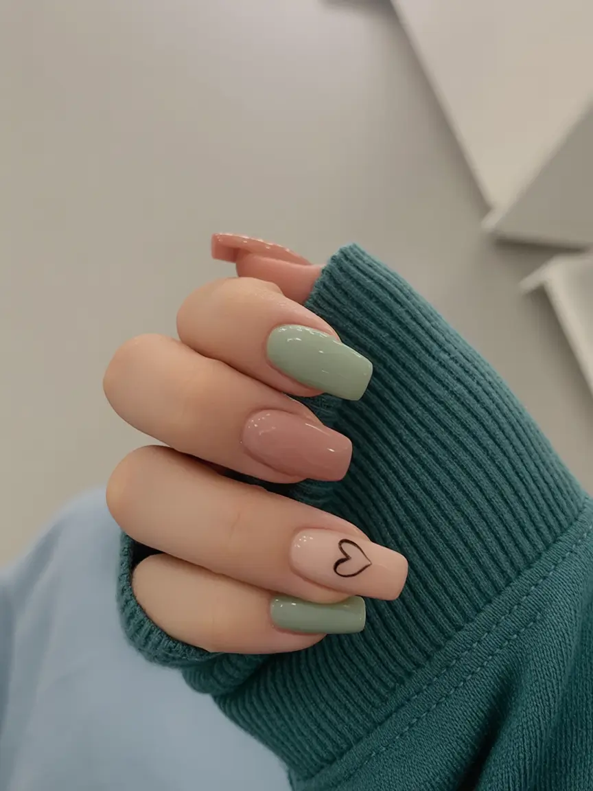 Subtle and Chic Fall Nails 2025 Pastel Sage and Nude with Heart Accent
