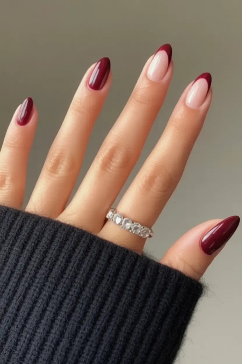 Subtle and Chic Fall Nails 2025 Deep Burgundy French with Almond Shape