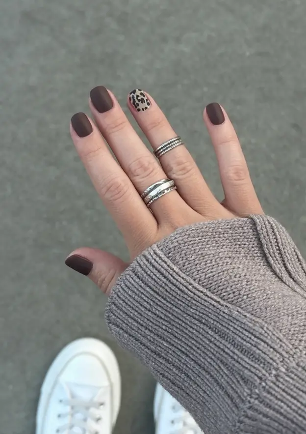 Subtle and Chic Fall Nails 2025 Matte Chocolate with Leopard Detail