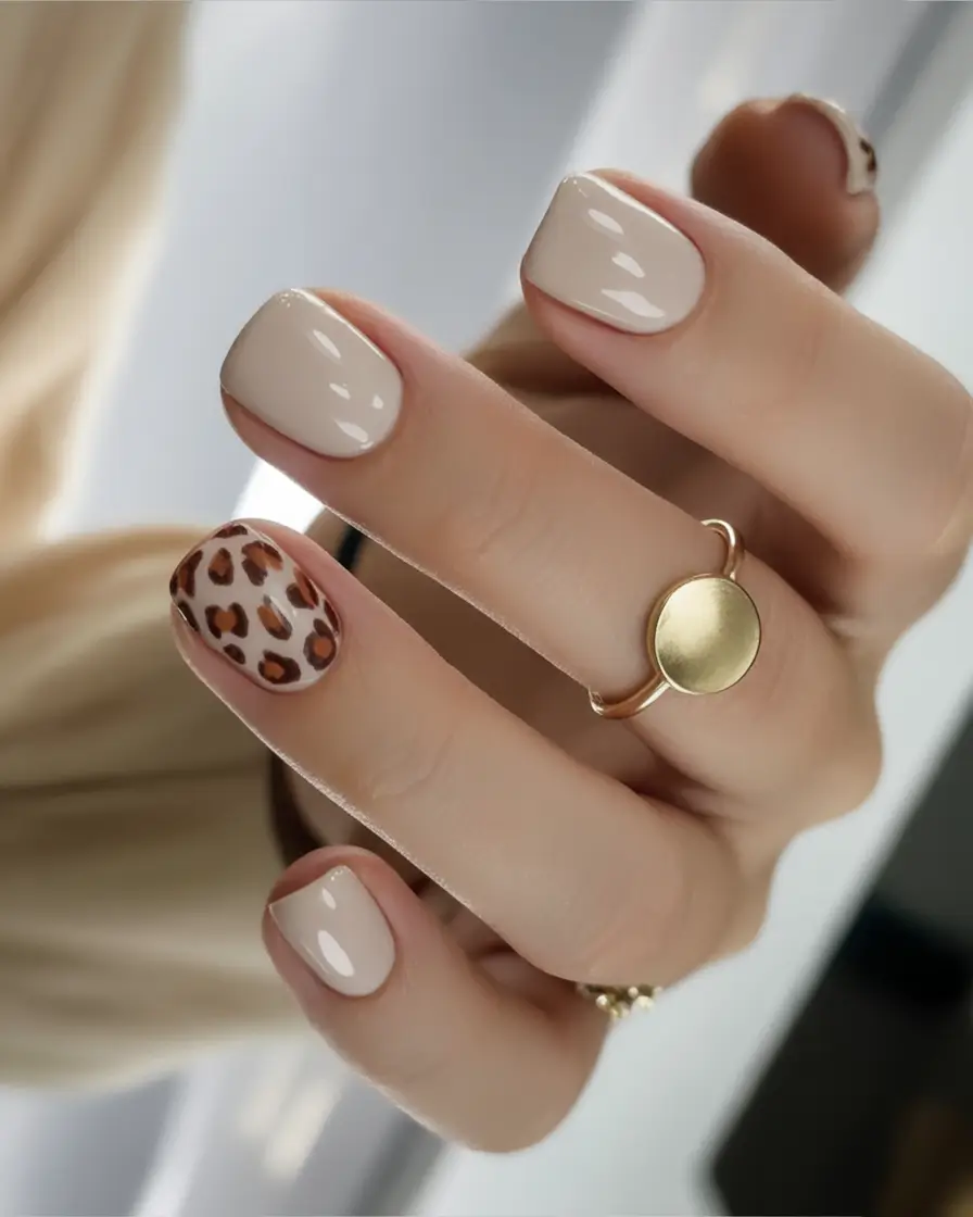 Subtle and Chic Fall Nails 2025 Soft Beige with Leopard Accent