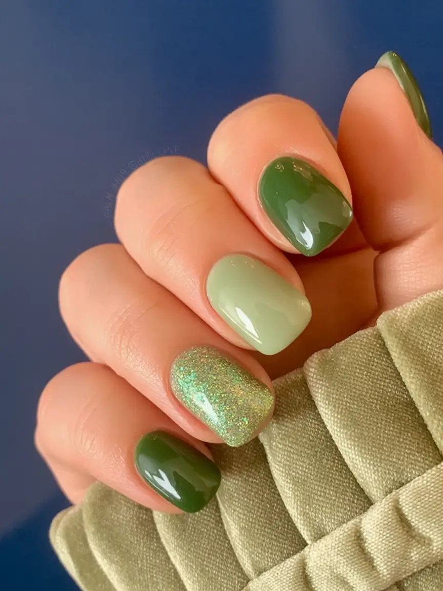 Subtle and Chic Fall Nails 2025 Green Gradient Sparkle