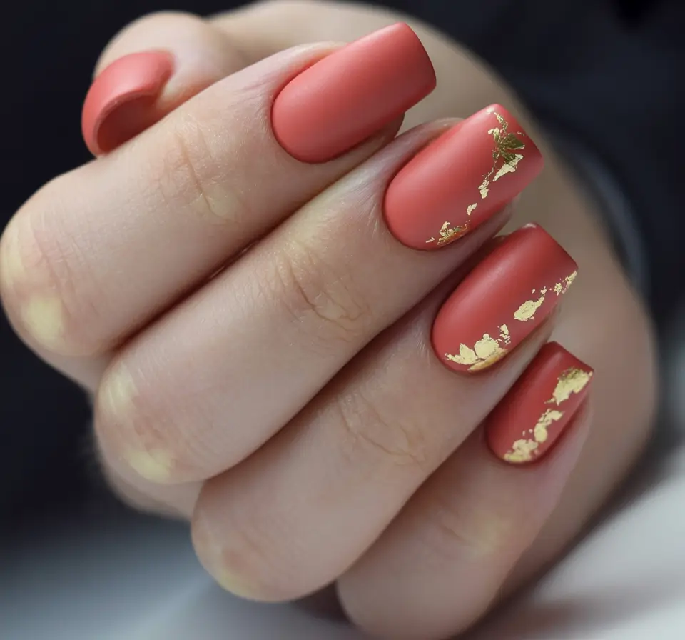 Top Short Fall Nail Trends 2025 Terracotta Matte with Gold Foil Flakes