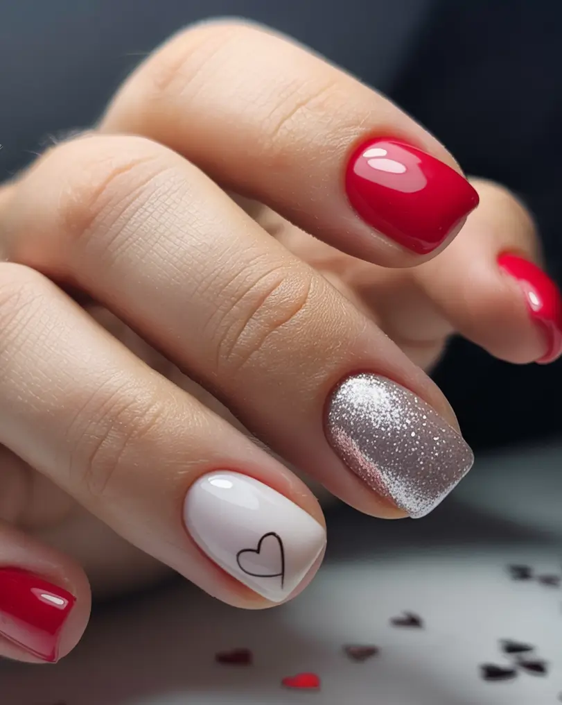 Top Short Fall Nail Trends 2025 Cherry Red and Silver Glitter Crush