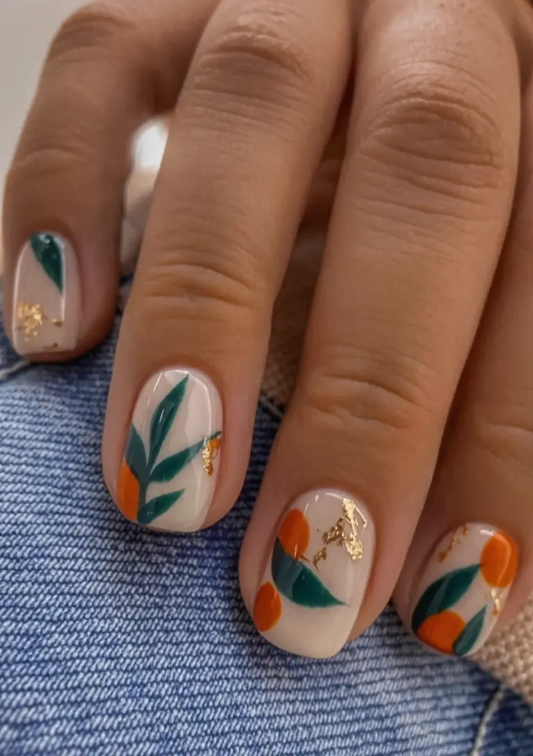 Top Short Fall Nail Trends 2025 Botanical Orange Leaf Motif with Gold