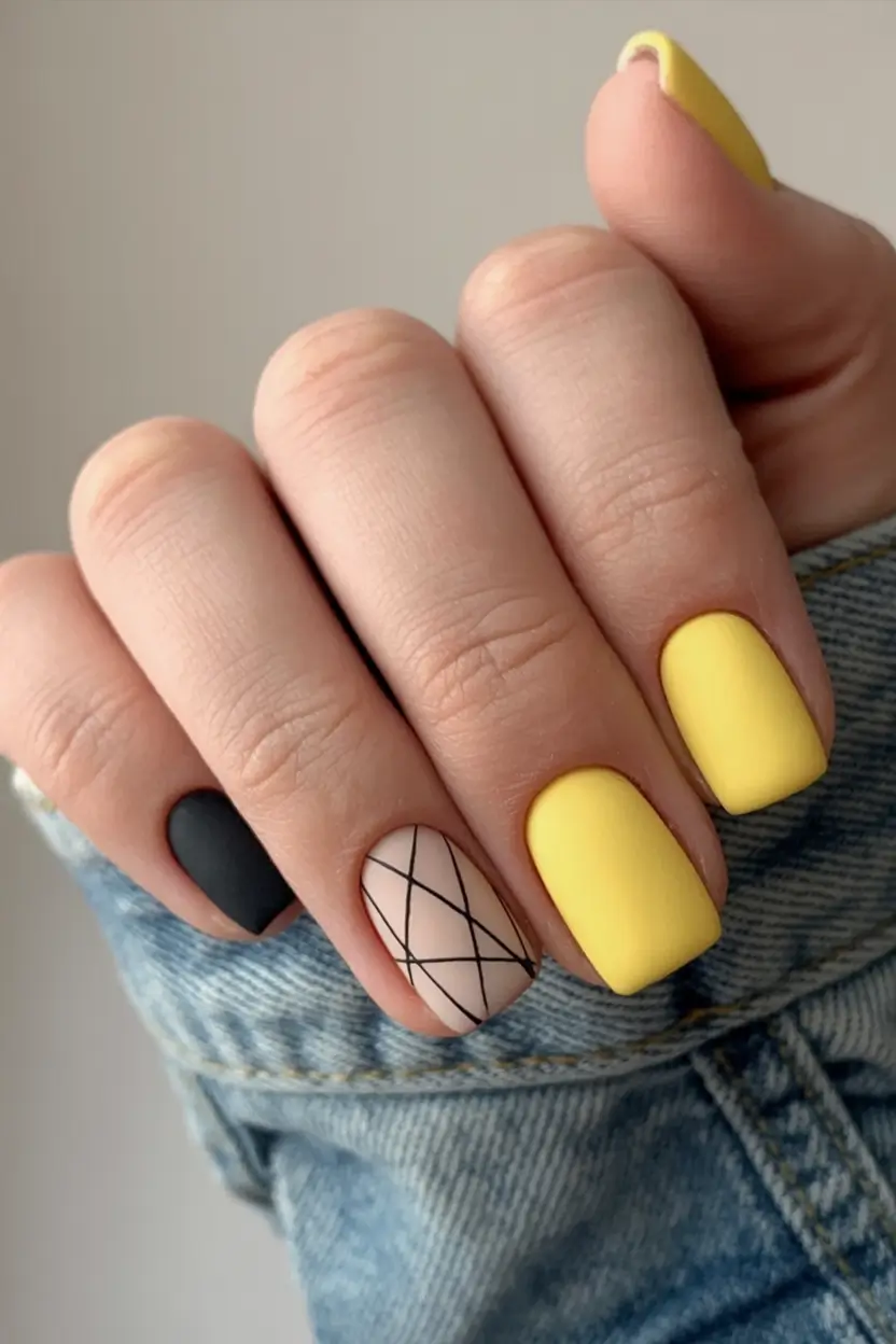 Top Short Fall Nail Trends 2025 Matte Yellow with Graphic Line Accent