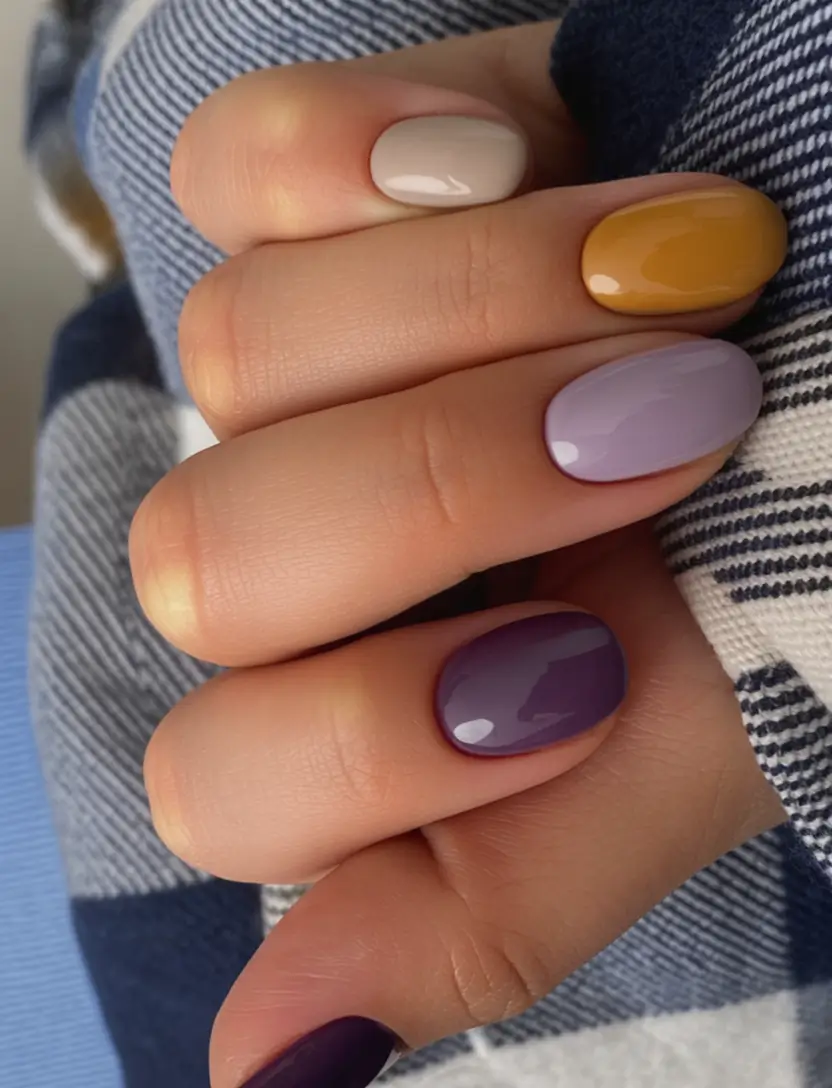 Top Short Fall Nail Trends 2025 Muted Purple Multitone Color Block
