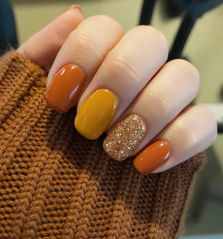 Top Short Fall Nail Trends 2025 Cinnamon Pumpkin with a Side of Sparkle