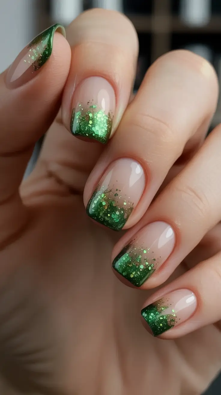 Top Short Fall Nail Trends 2025 Green Glitter French Fade