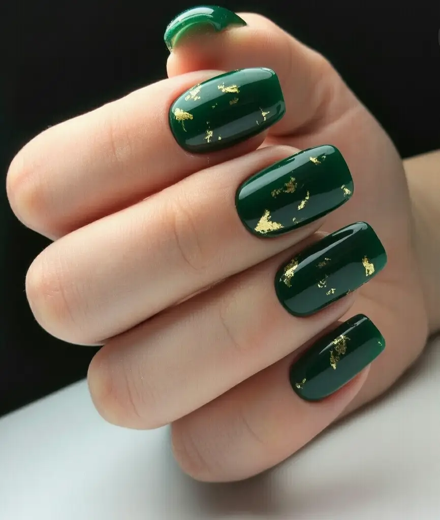 Top Short Fall Nail Trends 2025 Deep Green with Gold Leaf Luxe