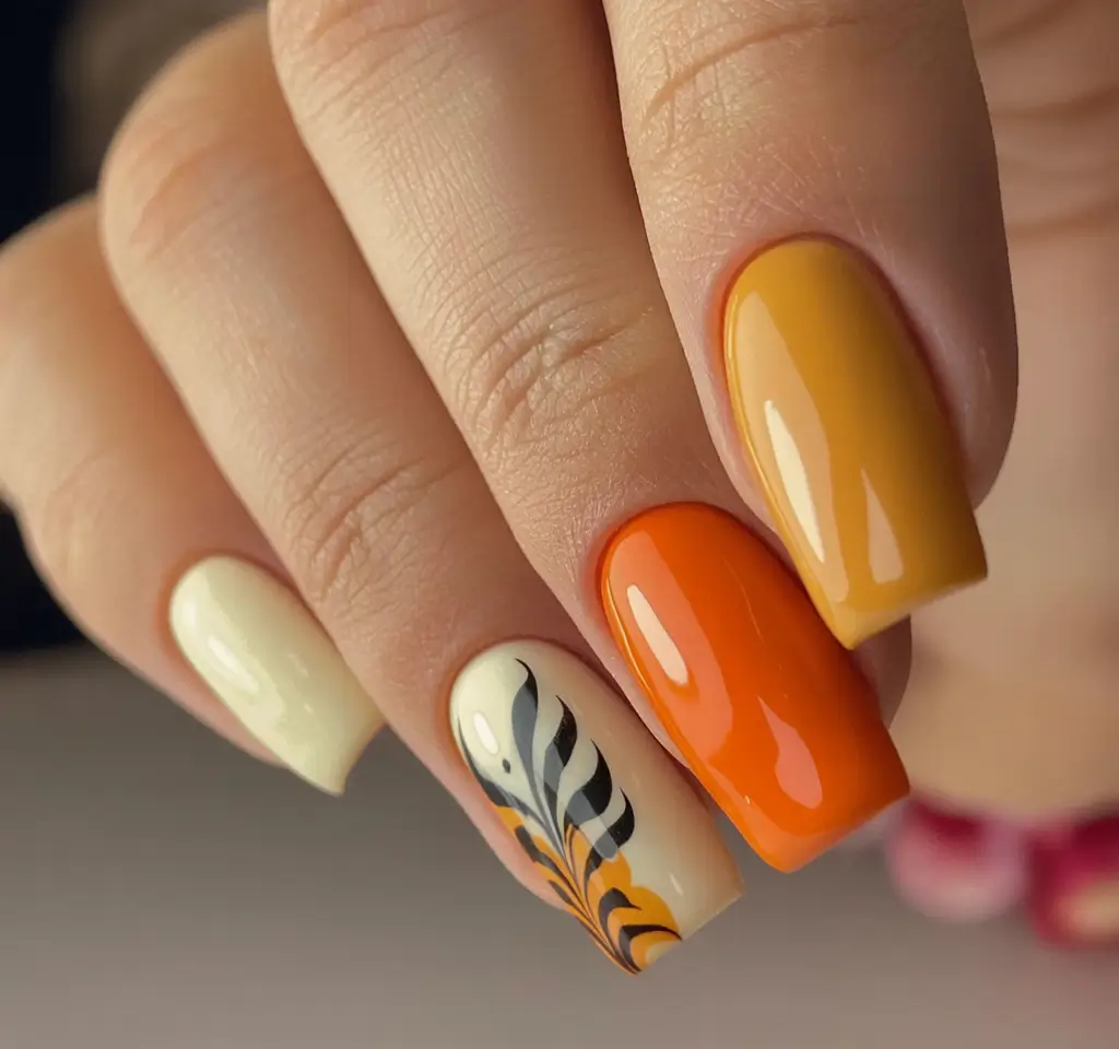 Top Short Fall Nail Trends 2025 Gradient Citrus Fade with Leaf Detail
